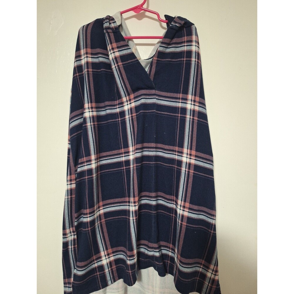 Como Vintage Plaid Hooded V-Neck Top Size XL Navy Pink Casual Lightweight Knit